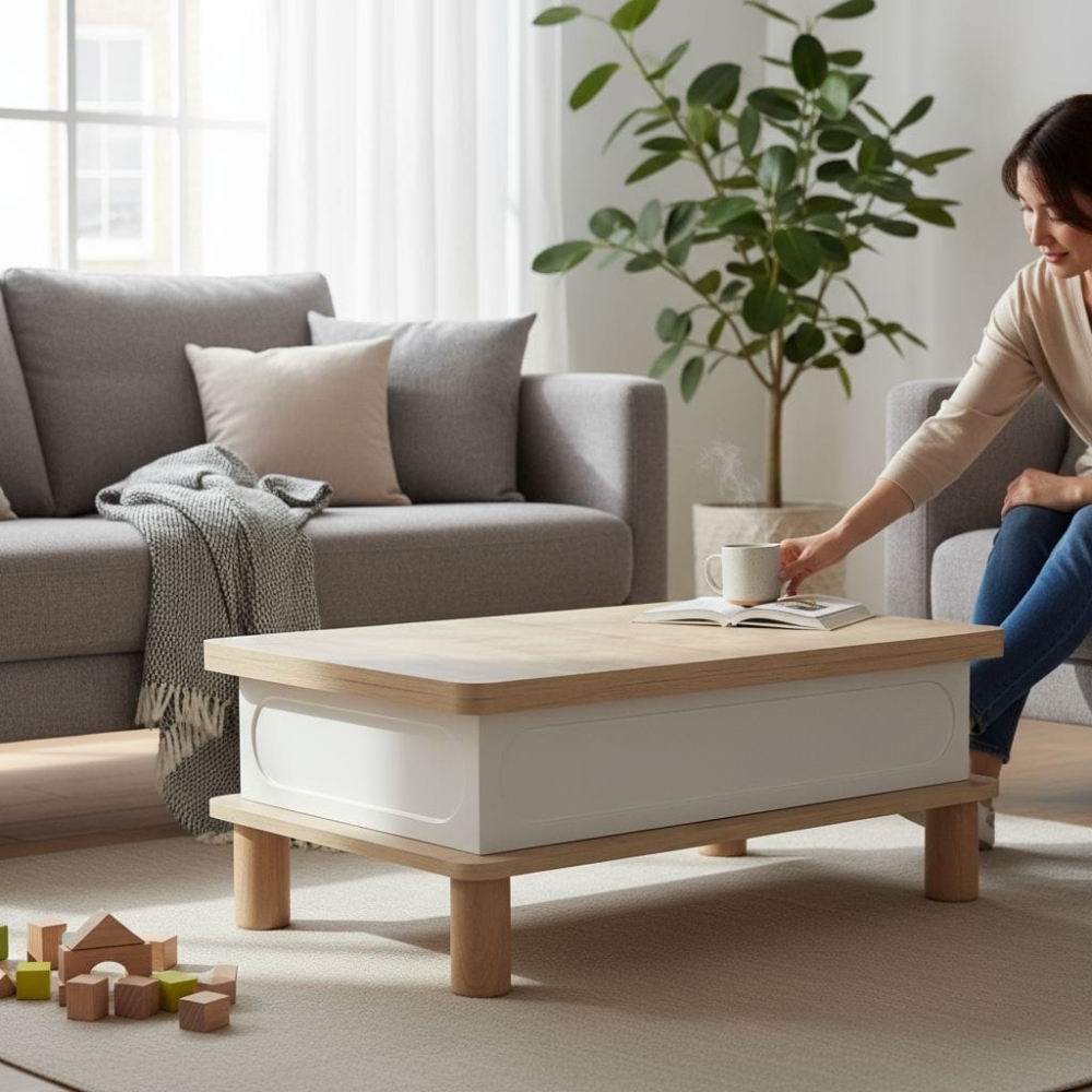 Modern Sihirli Sehpa – Açılır Mekanizmalı Orta Sehpa 90–120x60 Orta Gövde Oval Beyaz Membran Meşe