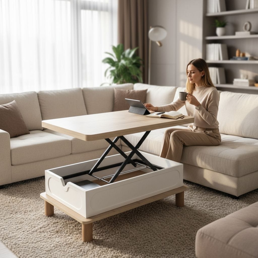 Modern Sihirli Sehpa – Açılır Mekanizmalı Orta Sehpa 90–120x60 Orta Gövde Oval Beyaz Membran Meşe