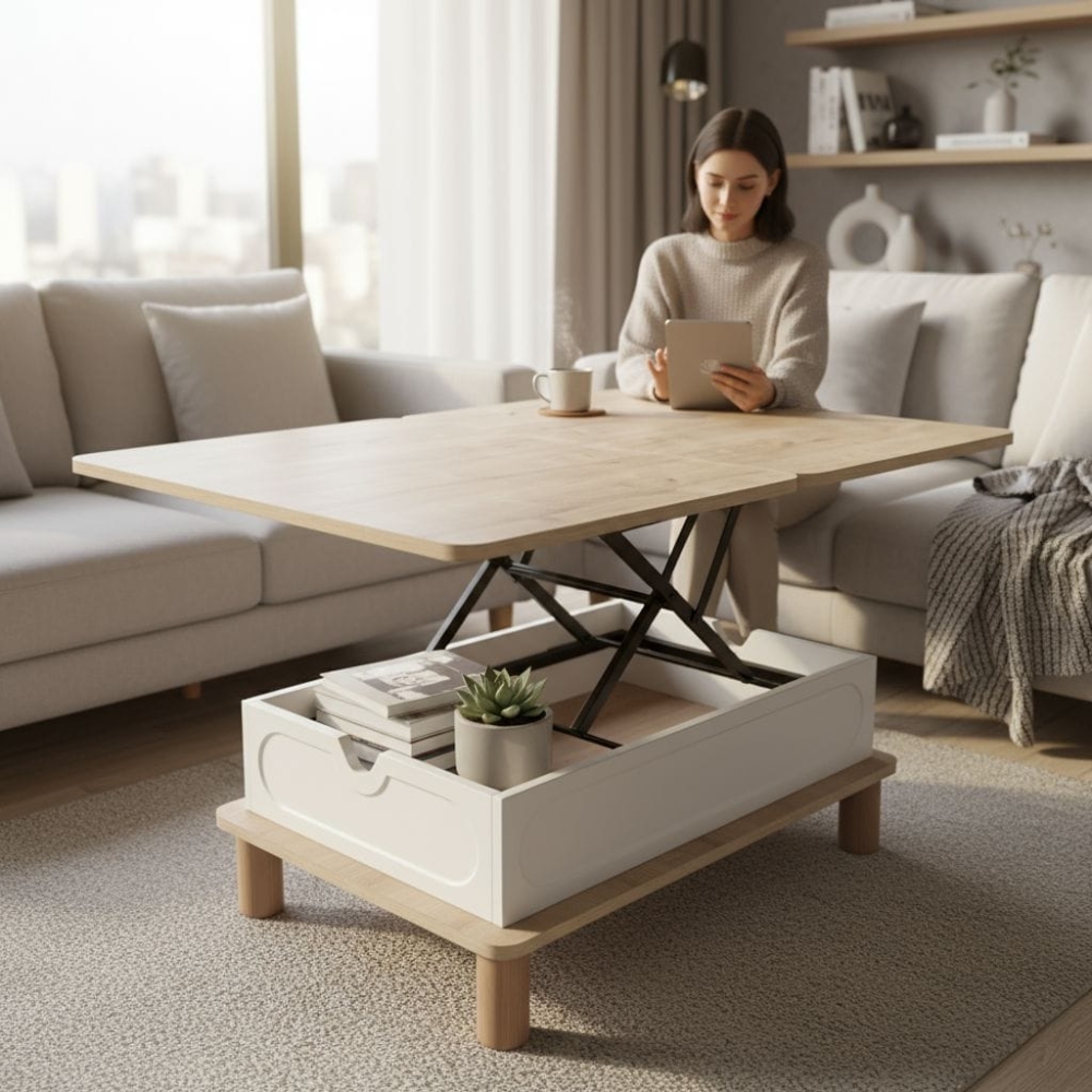 Modern Sihirli Sehpa – Açılır Mekanizmalı Orta Sehpa 90–120x60 Orta Gövde Oval Beyaz Membran Meşe