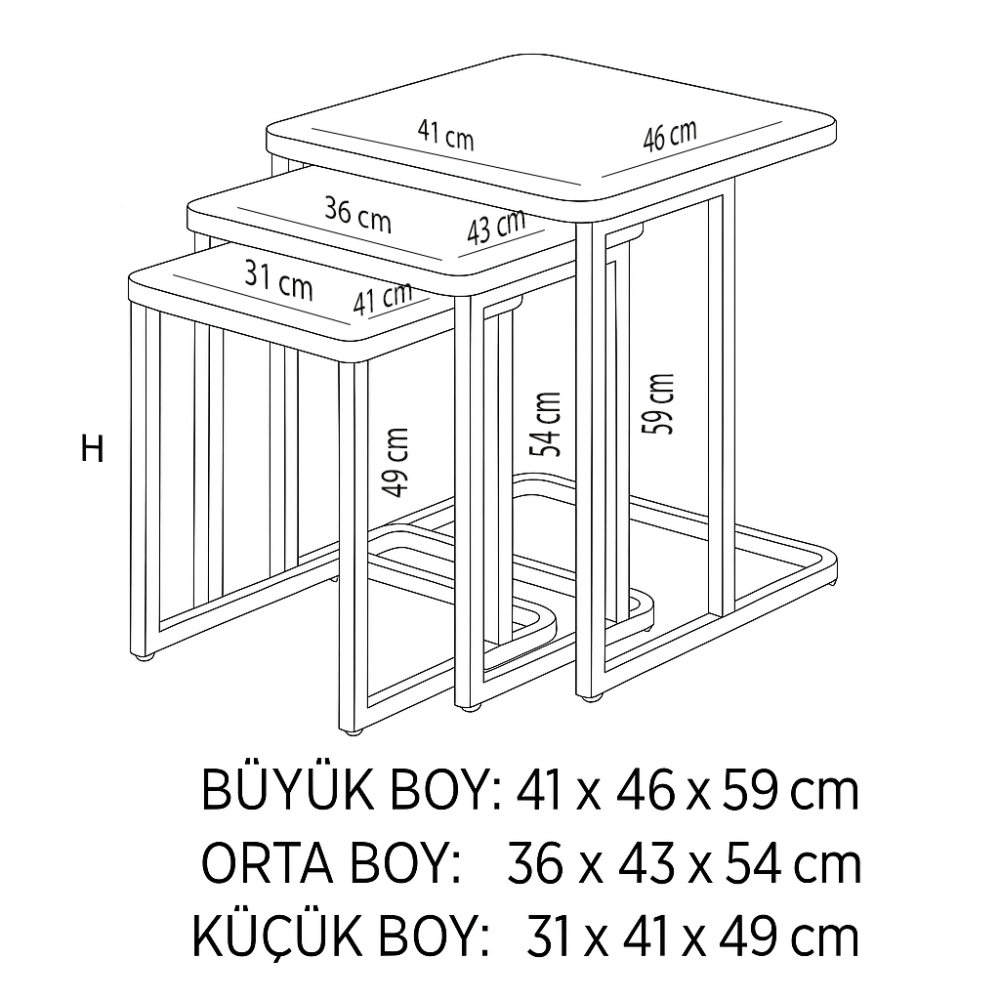 Tekerlekli C 3’lü Zigon Sehpa – MDF Tabla, Metal İskelet