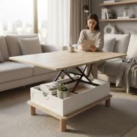 Modern Sihirli Sehpa – Açılır Mekanizmalı Orta Sehpa 90–120x60 Orta Gövde Oval Beyaz Membran Meşe
